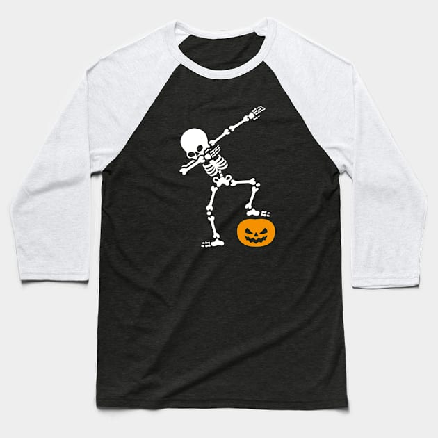 DABBING skeleton DAB pumpkin head Halloween Baseball T-Shirt by LaundryFactory